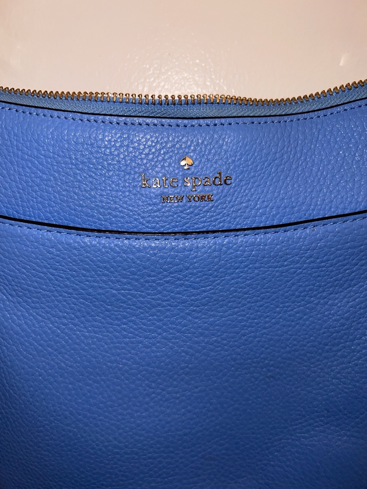 Kate Spade New York Blue Pebbled Small Crossbody Zip Bag Gold Hardware Strap