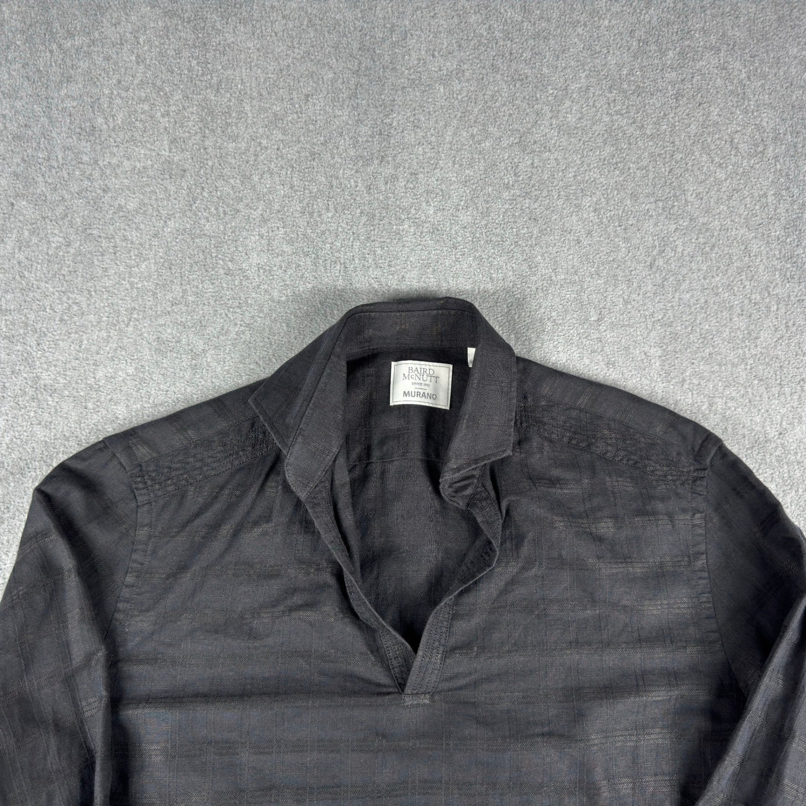 Baird McNutt Murano Linen Shirt Men M Black Plaid V Neck Popover Long Sleeve