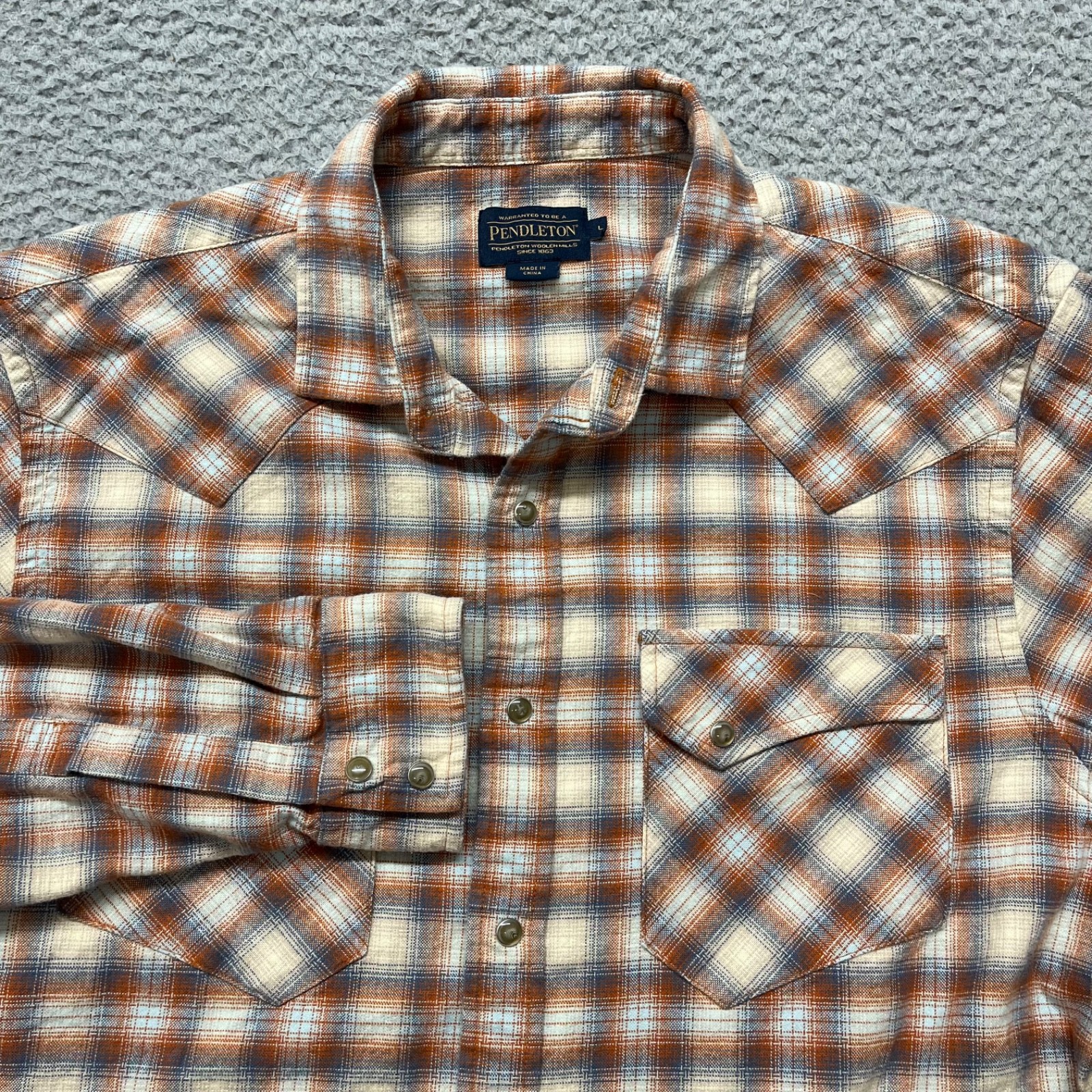 Pendleton Wyatt Shirt Mens L Orange Plaid Pearl Snap Flannel Western Classic