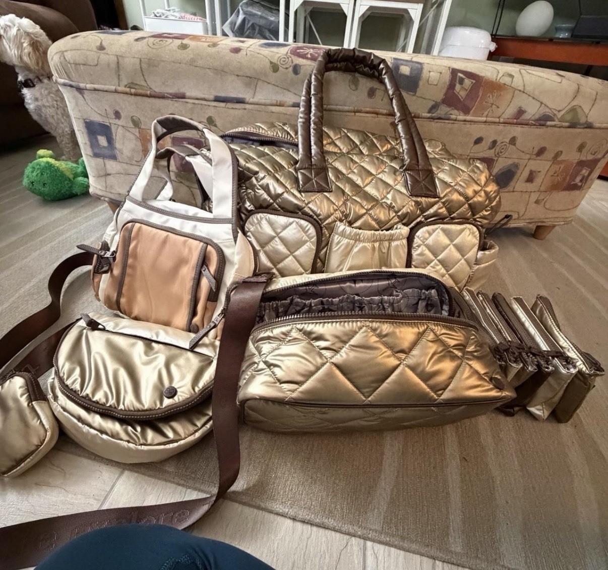 New Huge Samantha Brown Brand new Gold waterproof quilted duffle/travel bag set