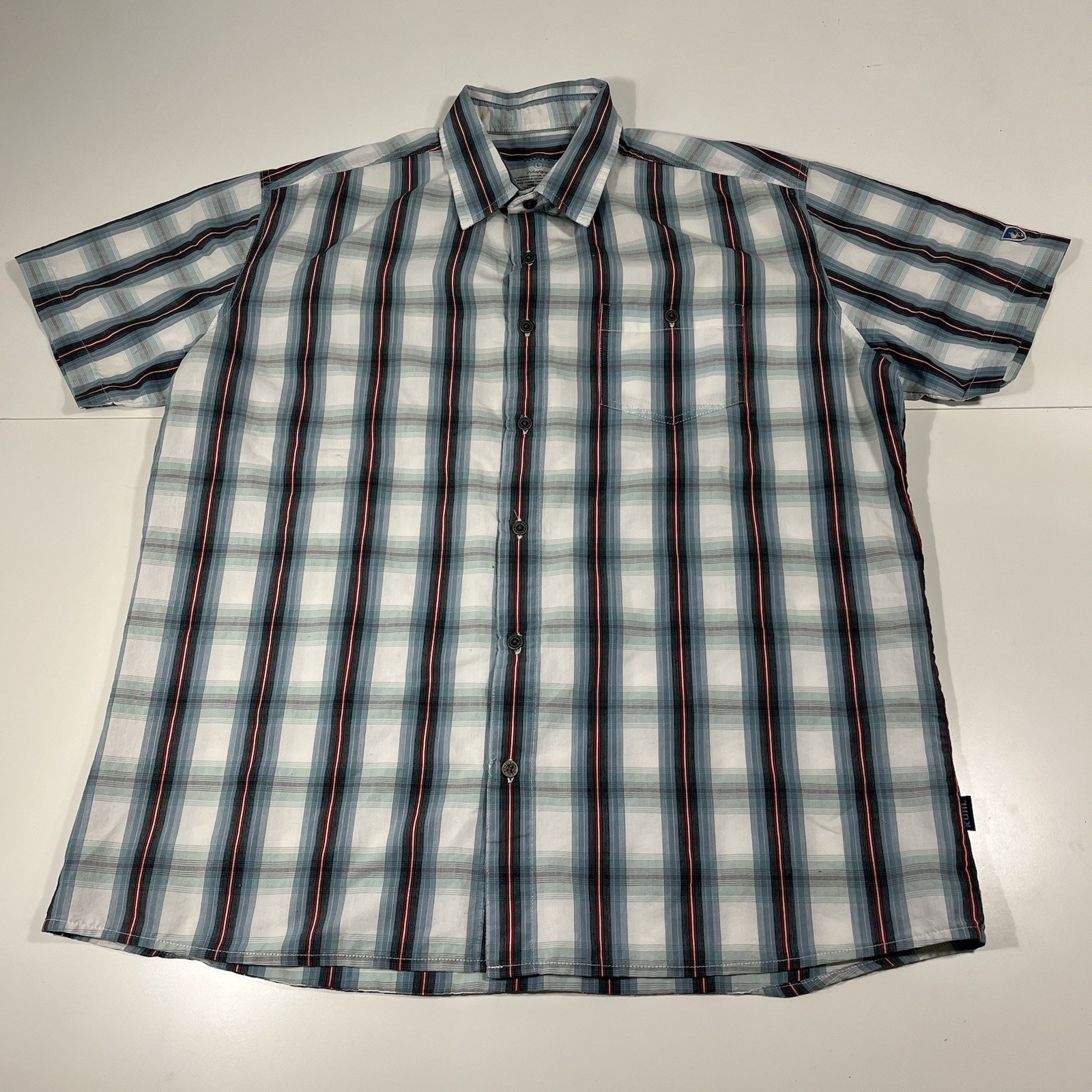 Kuhl Wildfire Shirt Mens Large Blue Plaid Short Sleeve Button Front Outdoor
