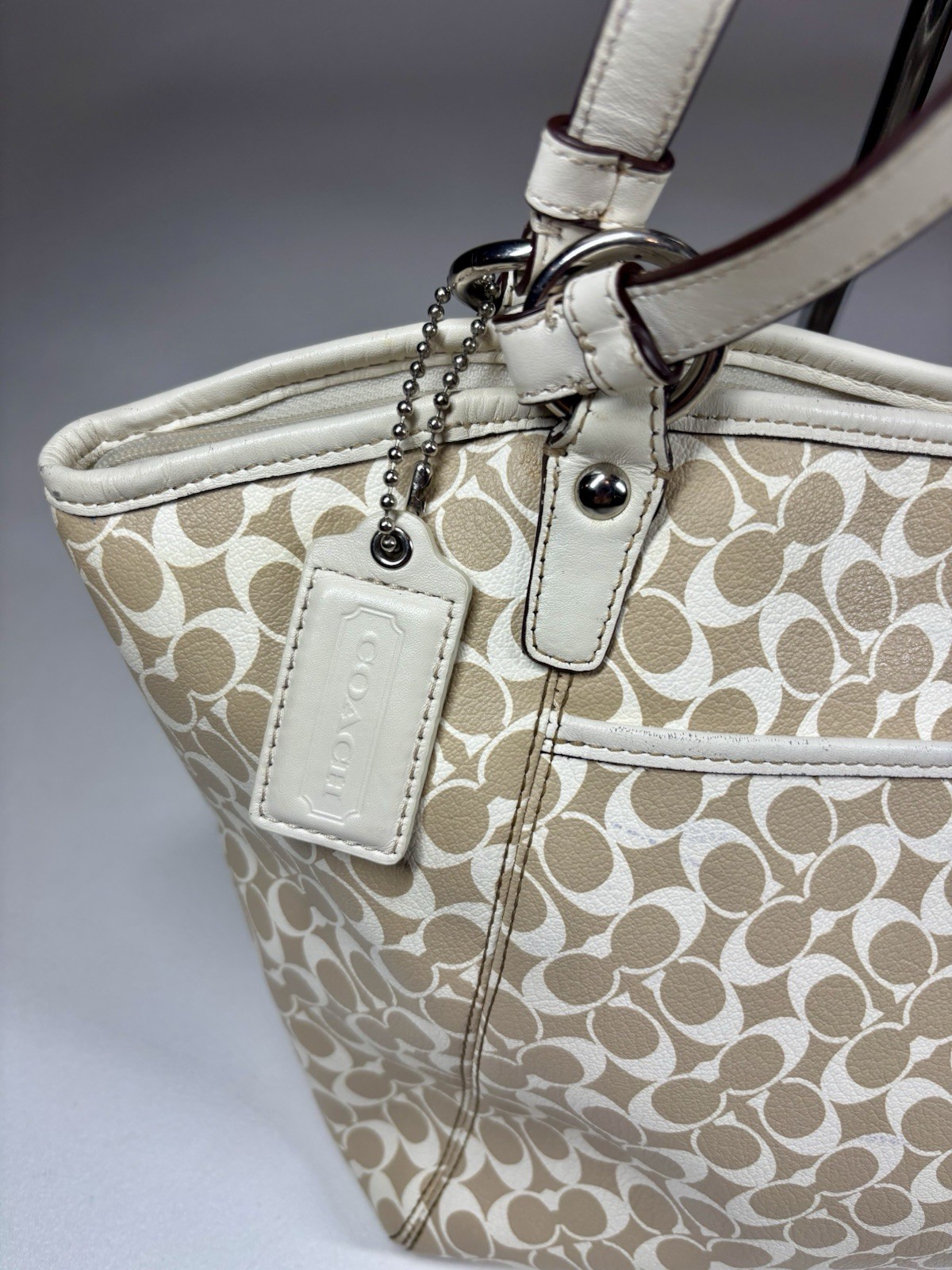Coach Signature Leah Large Shoulder Tote Bag Khaki White 15135 Handbag Purse