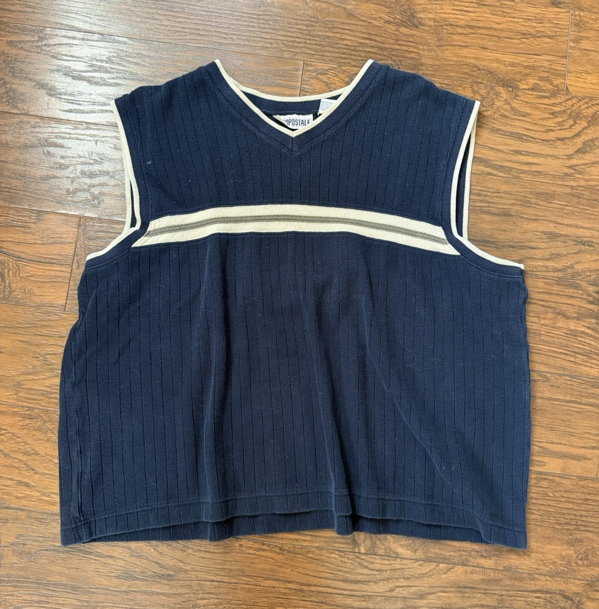 Aéropostale Vintage Men’s XL Blue/Beige Cotton Knit V-Neck Striped Sweater Vest
