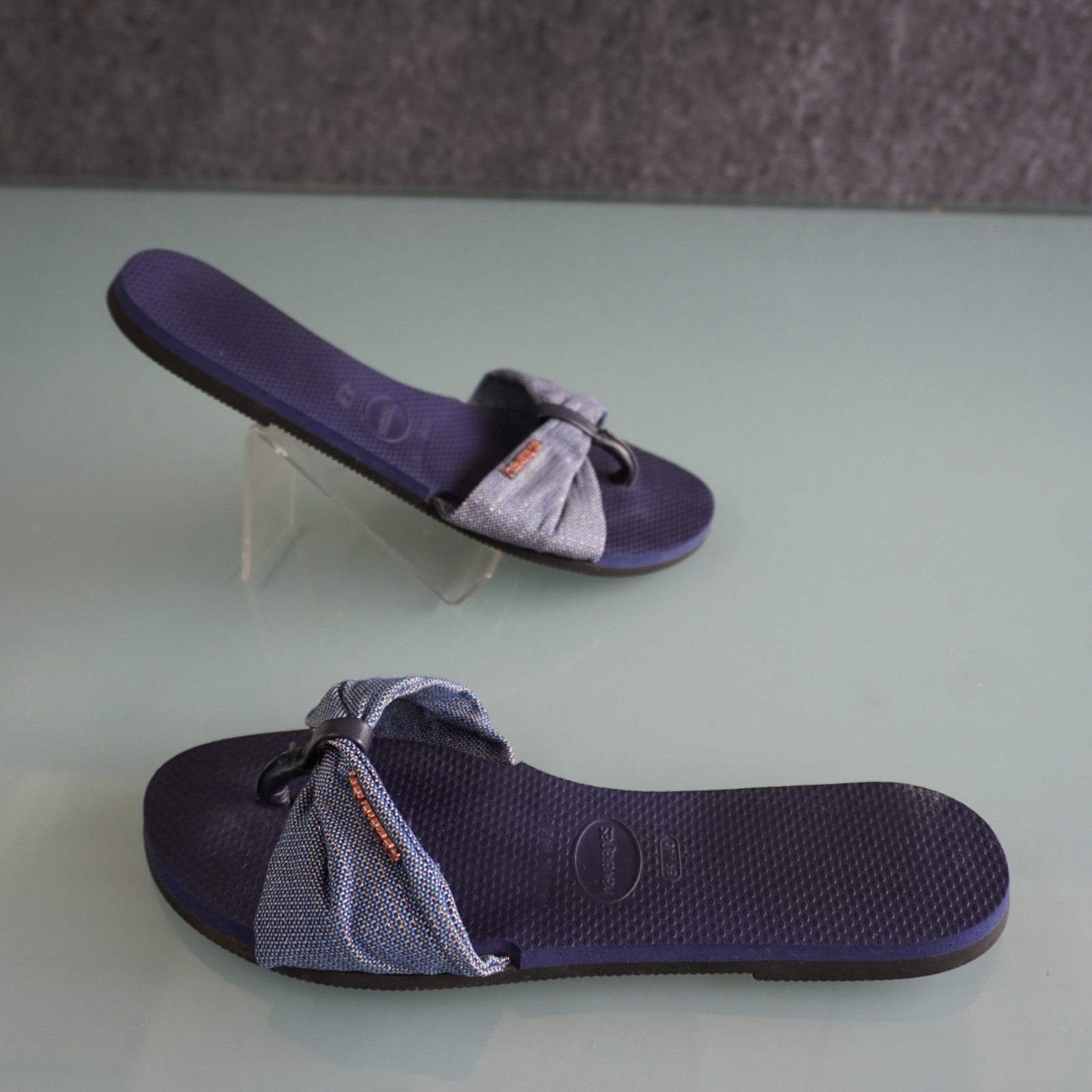 Havaianas You St Tropez Shine Sandals Womens 9 10 Navy Blue Fabric Bow Flip Flop