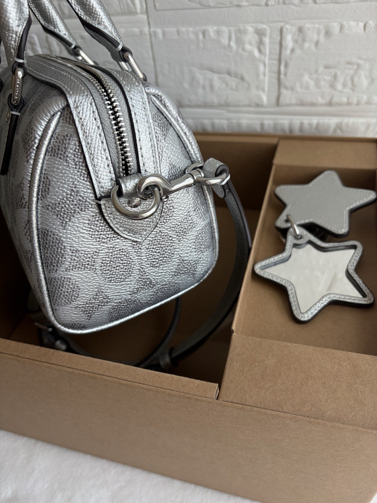 Coach Signature Logo Mini Satchel Metallic Silver/Gray Zip Strap Star Charm