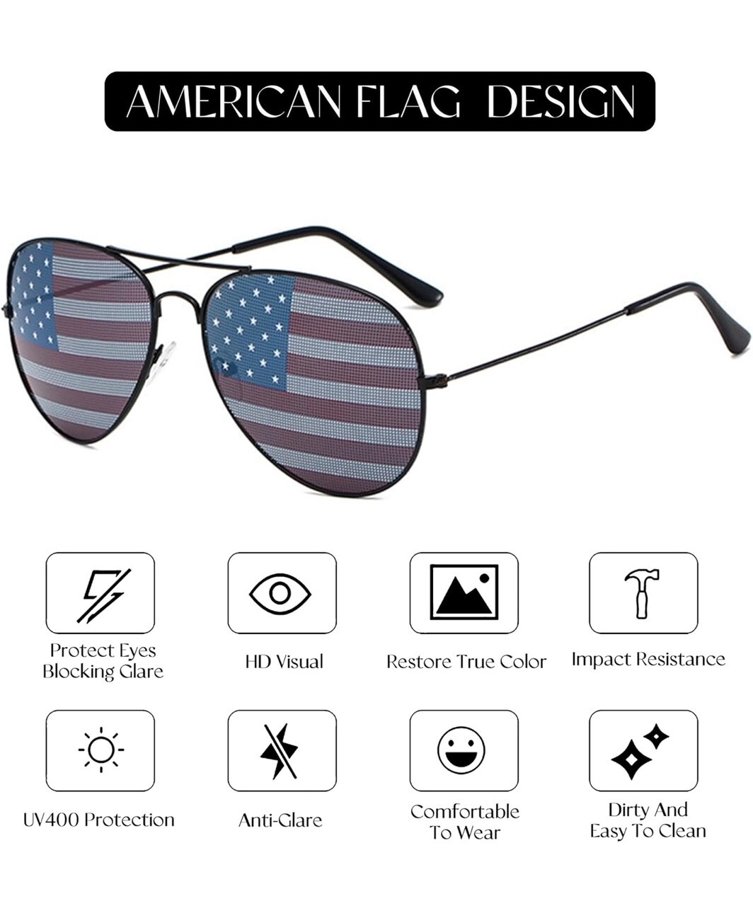 USA Glasses American Flag Aviator Sunglasses Black United States Patriotic
