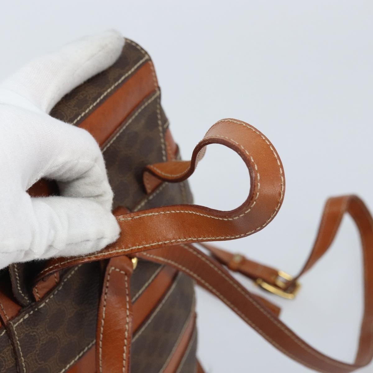 CELINE Macadam Canvas Backpack PVC Leather Brown Gold Auth gh1897