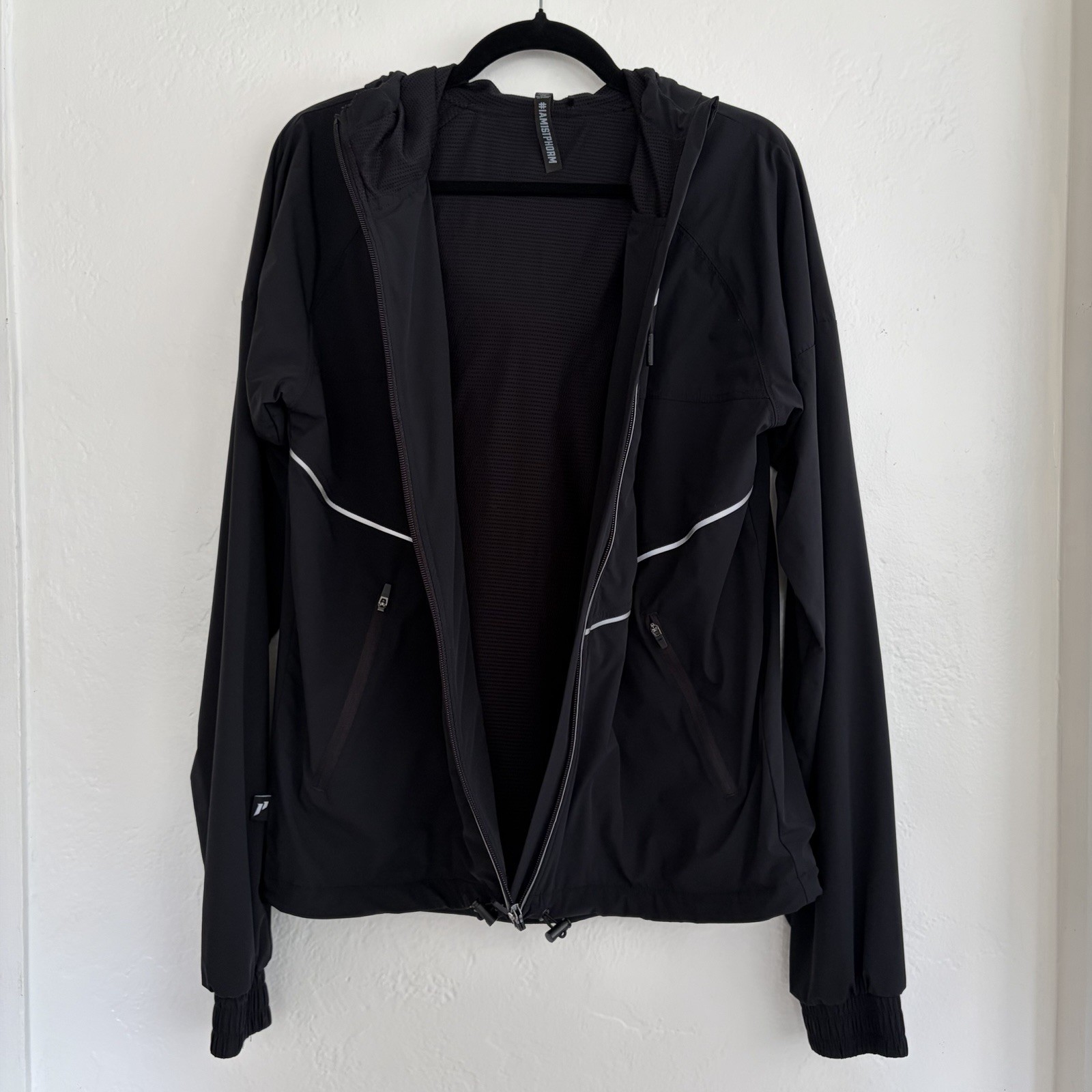 1st Phorm Black Hooded Reflective Full Zip Windbreaker Jacket Pockets Size Small