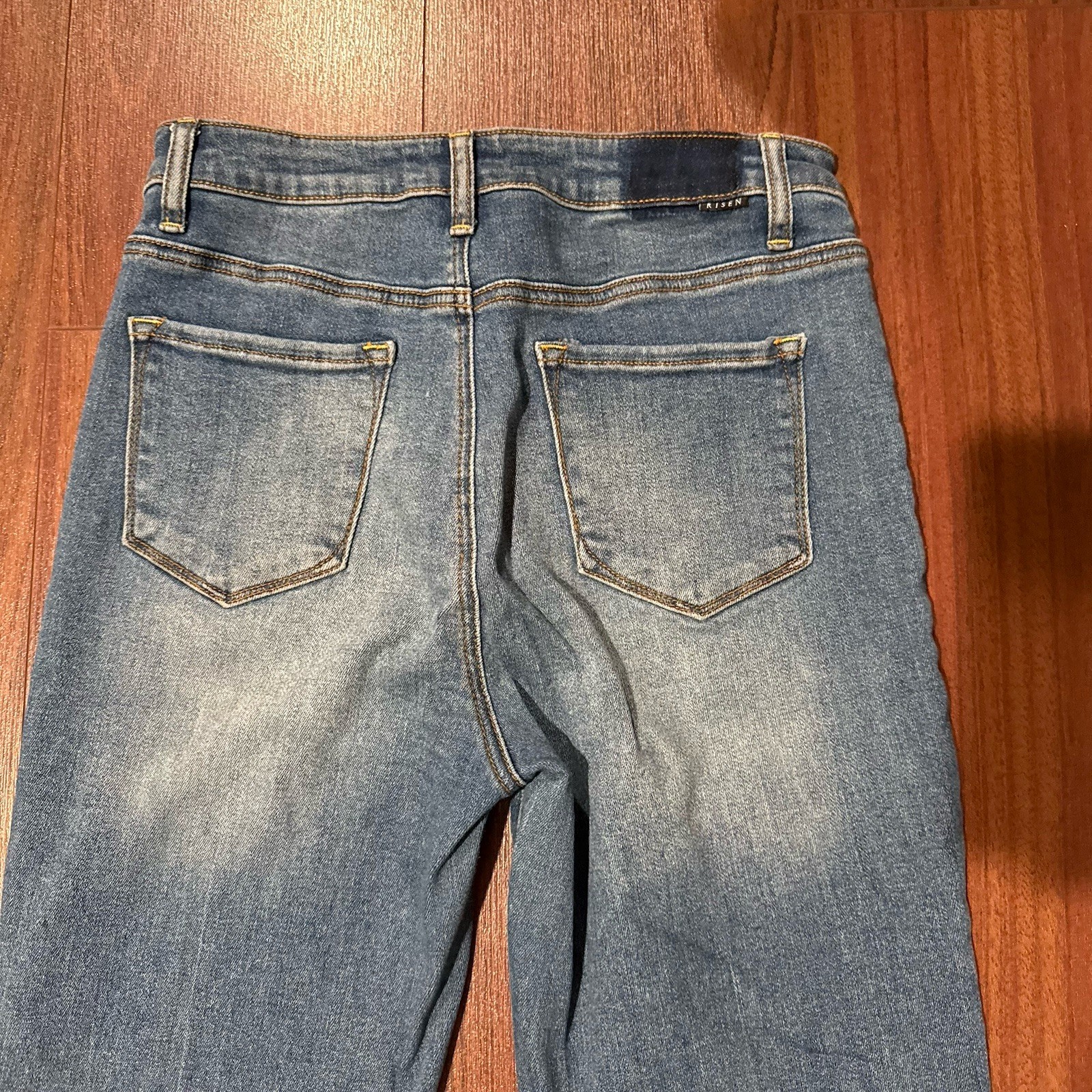 Risen Jeans High Rise Front Slit Frayed Flare Distressed Blue Denim Sz 11/30