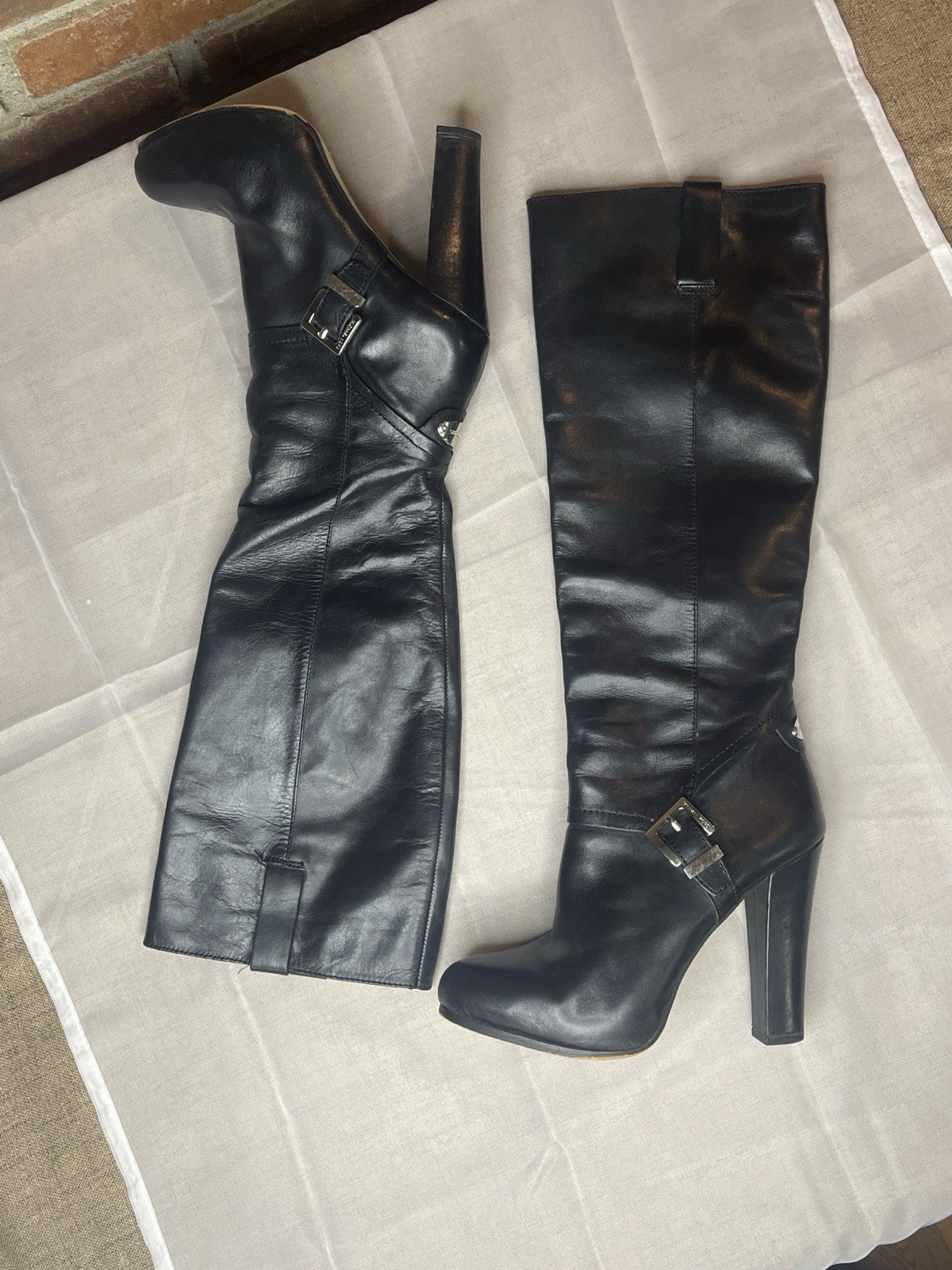 Michael Kors Tamara Black Leather Knee High Platform Boots Buckle Zip Wmn Sz 8M