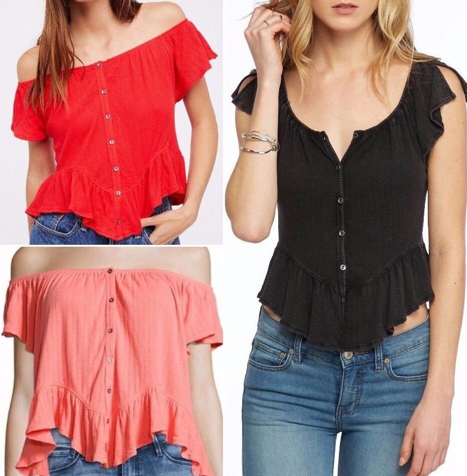 Free People Convertible Off The Shoulder Ruffle Peasant Top OB564528 Mint-Julep