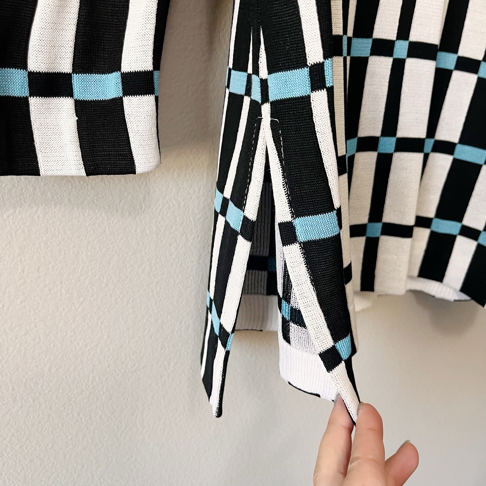 Ming Wang Checked 3/4 Sleeve Cardigan Jacket Black White Blue Size Medium