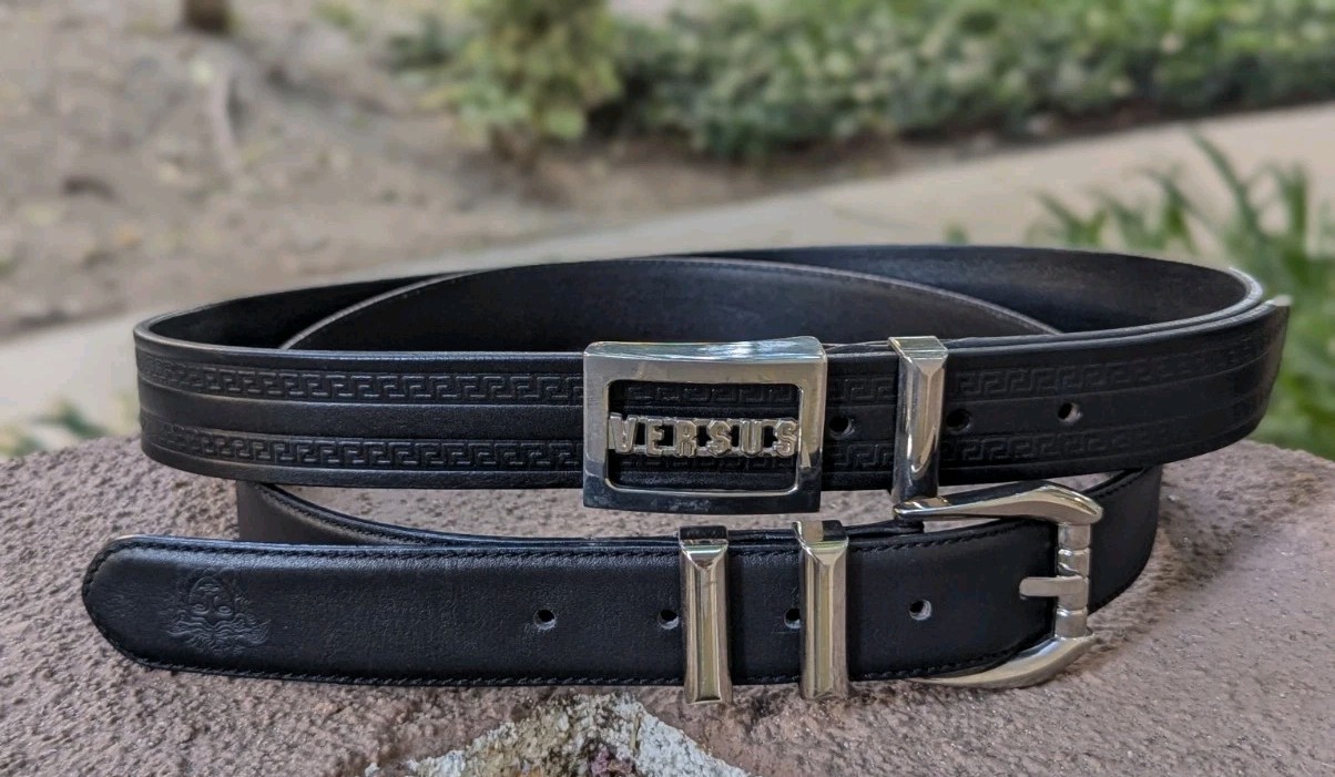GIANNI VERSACE 90’s Silver Buckle MEDUSA Belt Black Leather Size 27 28 29 30 31″