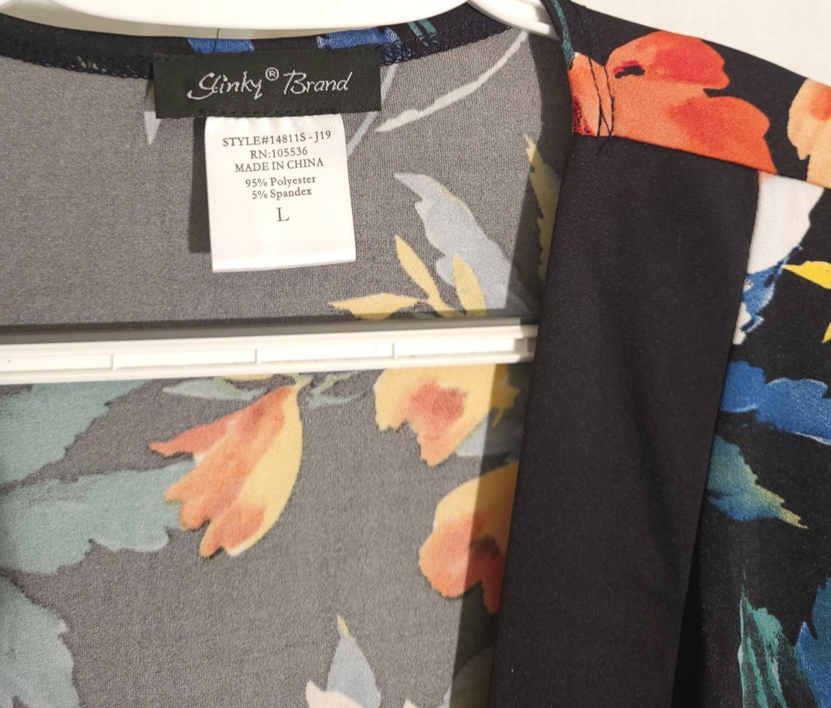 Slinky Brand-Black Orange Purple Blue Floral ong Sleeve Open Front Top-LARGE
