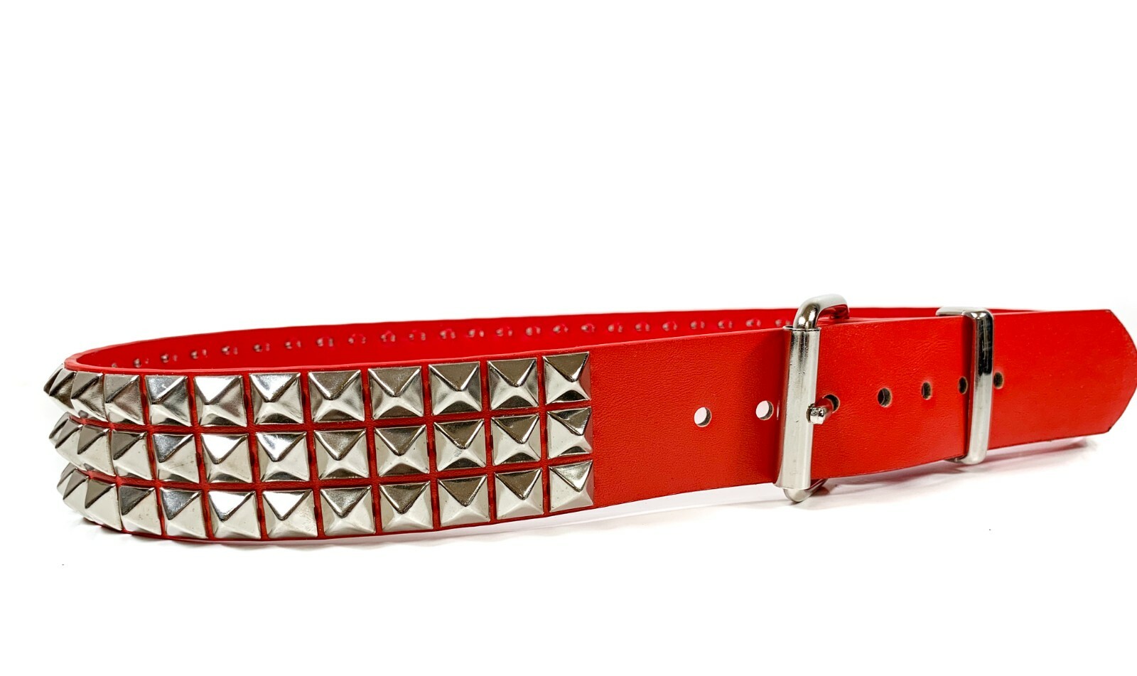 Vegan Red Leather Three Row Pyramid Stud Belt Genuine Punk Goth Metal Funk Plus