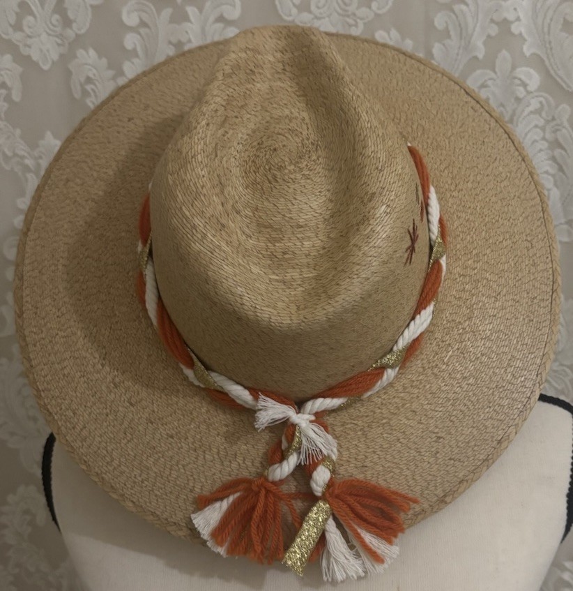 Baldiz Straw Fedora Wide Brim Hat Beige/Orange/White Tassel Accent, One Size