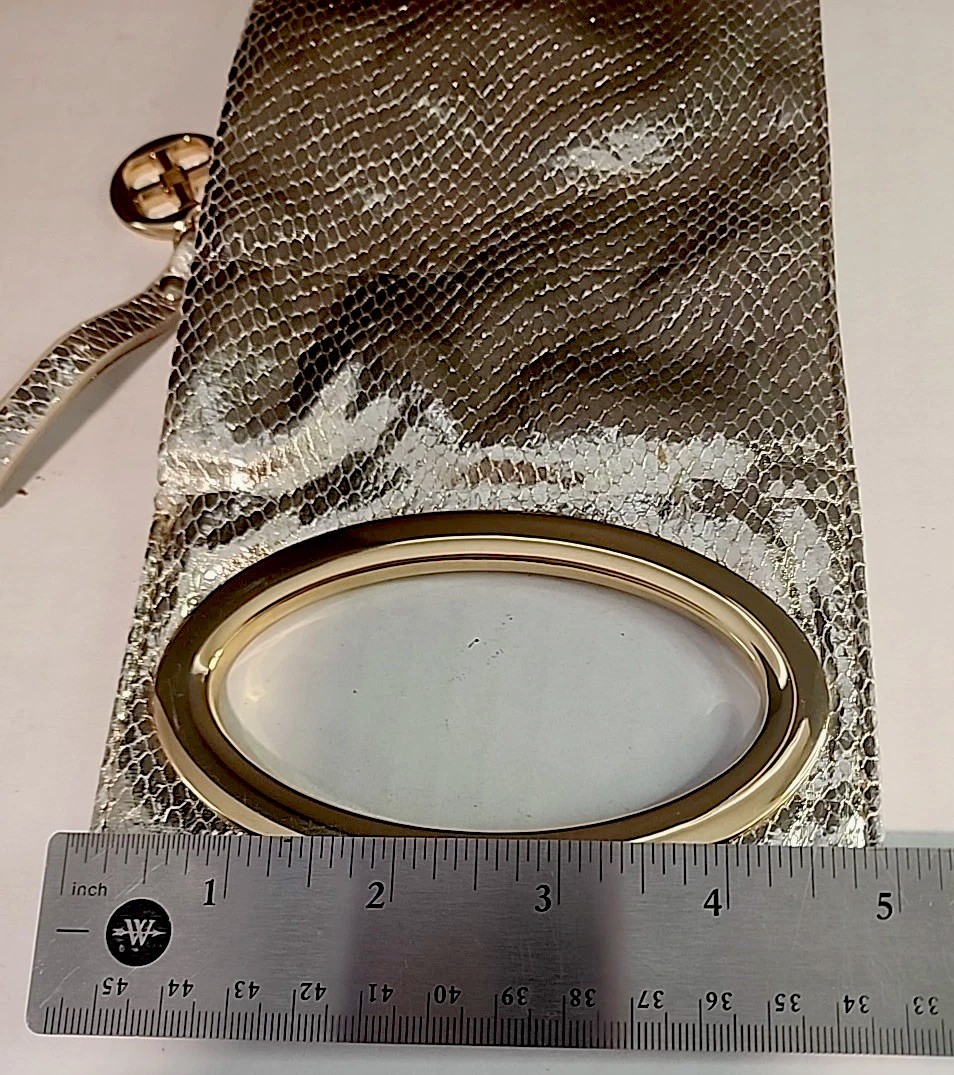 IMAN Metallic Metal Mesh Mini Clutch Silver Zippered Side Open Logo Metal Pull
