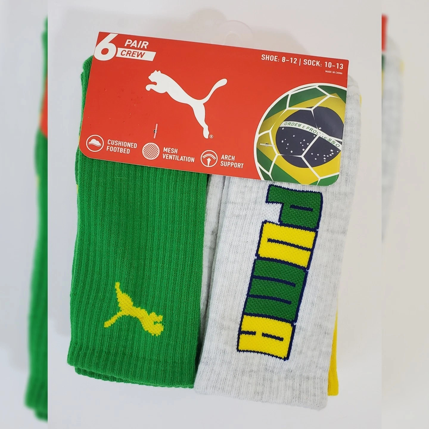 PUMA CREW SOCKS MEN’S 6 PAIR SIZE SHOE 8-12 SOCK 10-13 BRASIL SOCCER