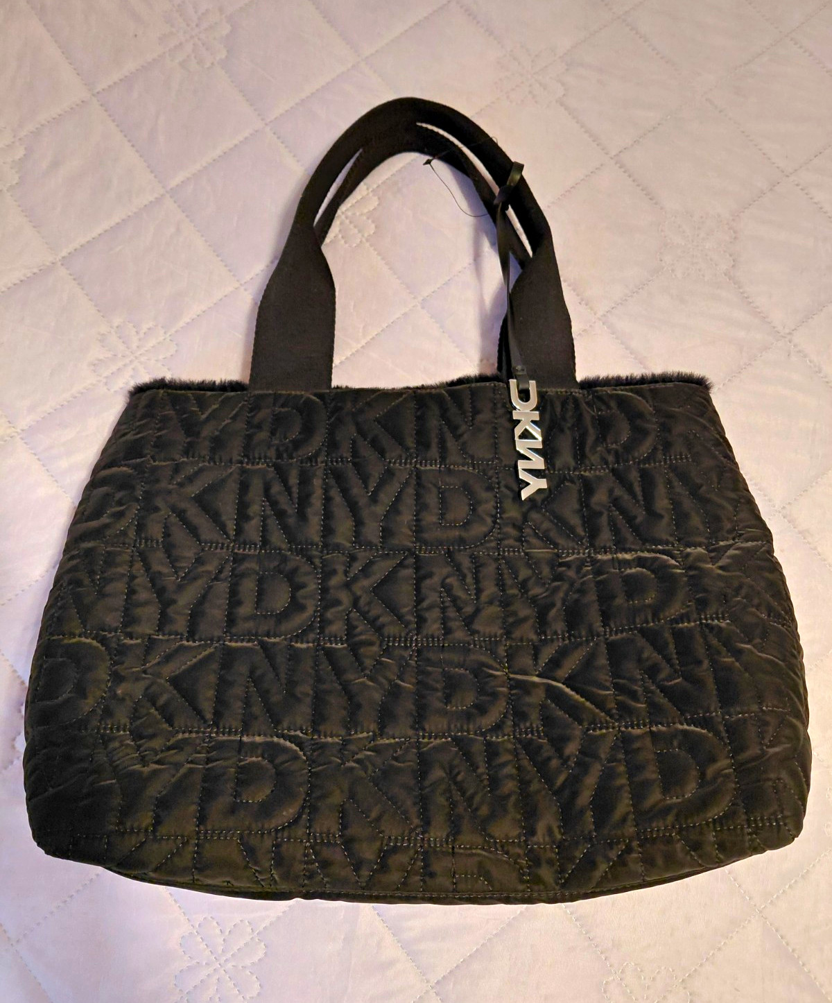 DKNY Black Quilted Logo Pattern Tote Bag with Faux Fur Trim, Double Handles