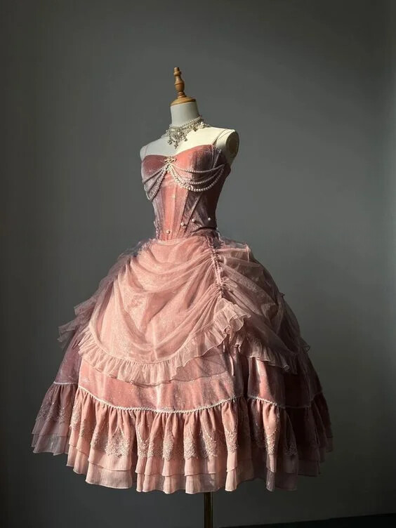 Pink Velvet Strapless Pearl Ruffled Tiered Lolita Ball Gown Party Dresses