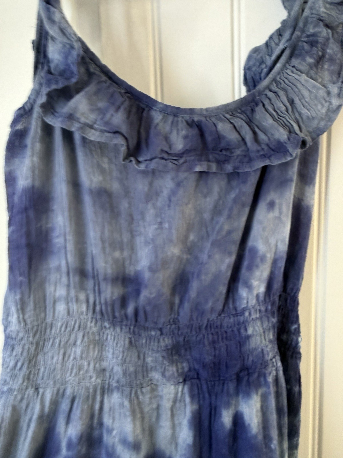 Myra Bay Blue Tie Dyed Gauzy Ruffle Hem Dress Size M Smocked Waist Boho