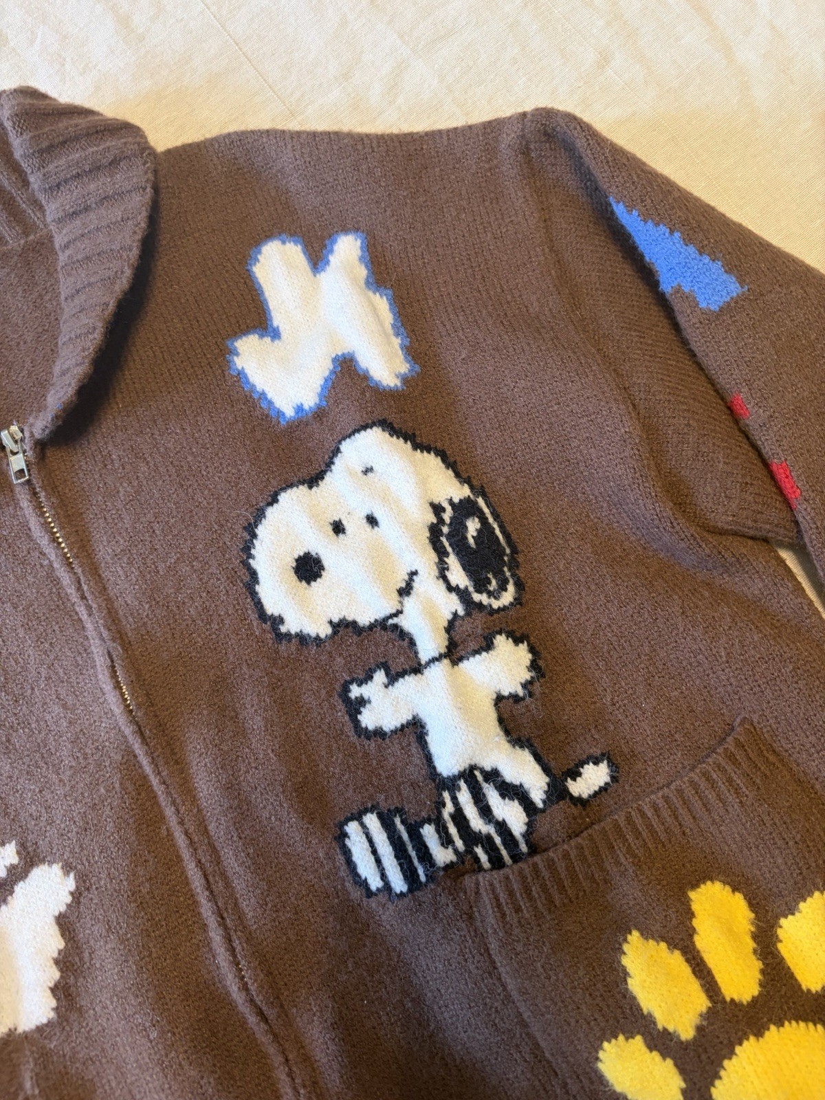 Vintage Peanuts Snoopy Woodstock Brown Knit Cardigan Sweater Full Zip Pockets L