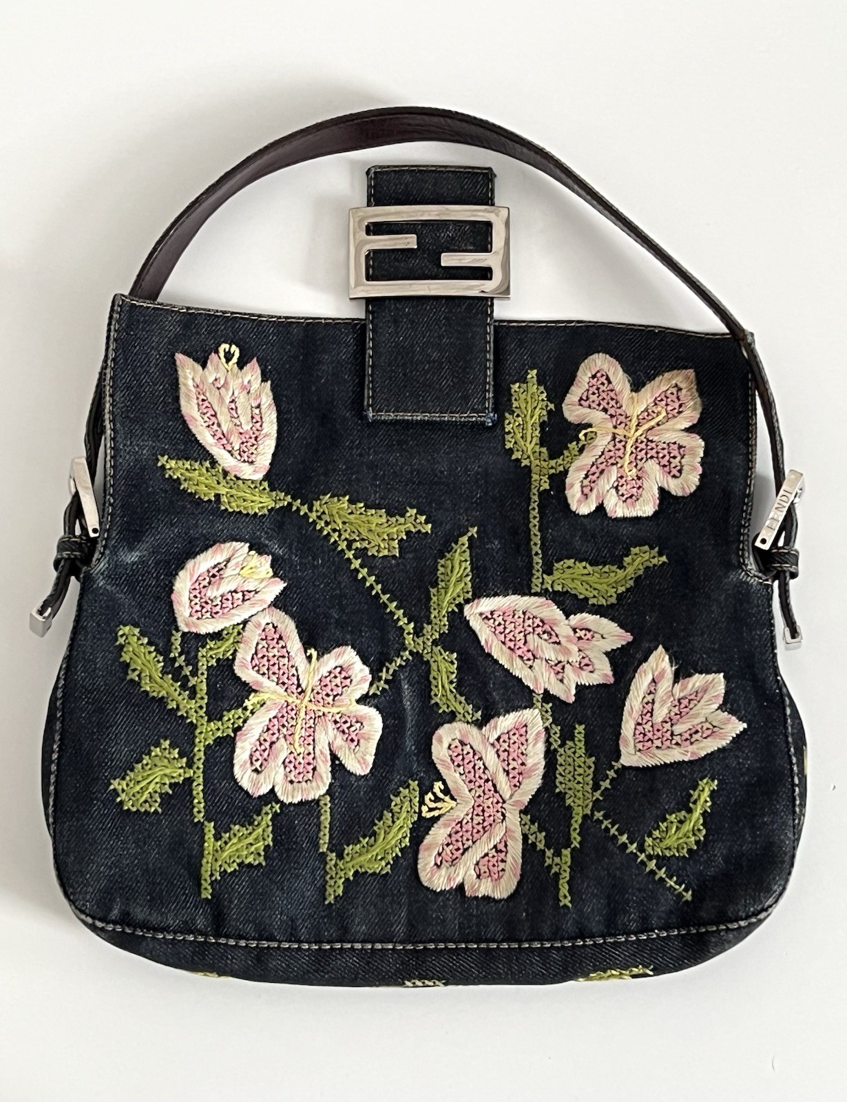 Authentic Vintage Fendi Y2K Indigo Denim Floral Embroidered Baguette Handbag