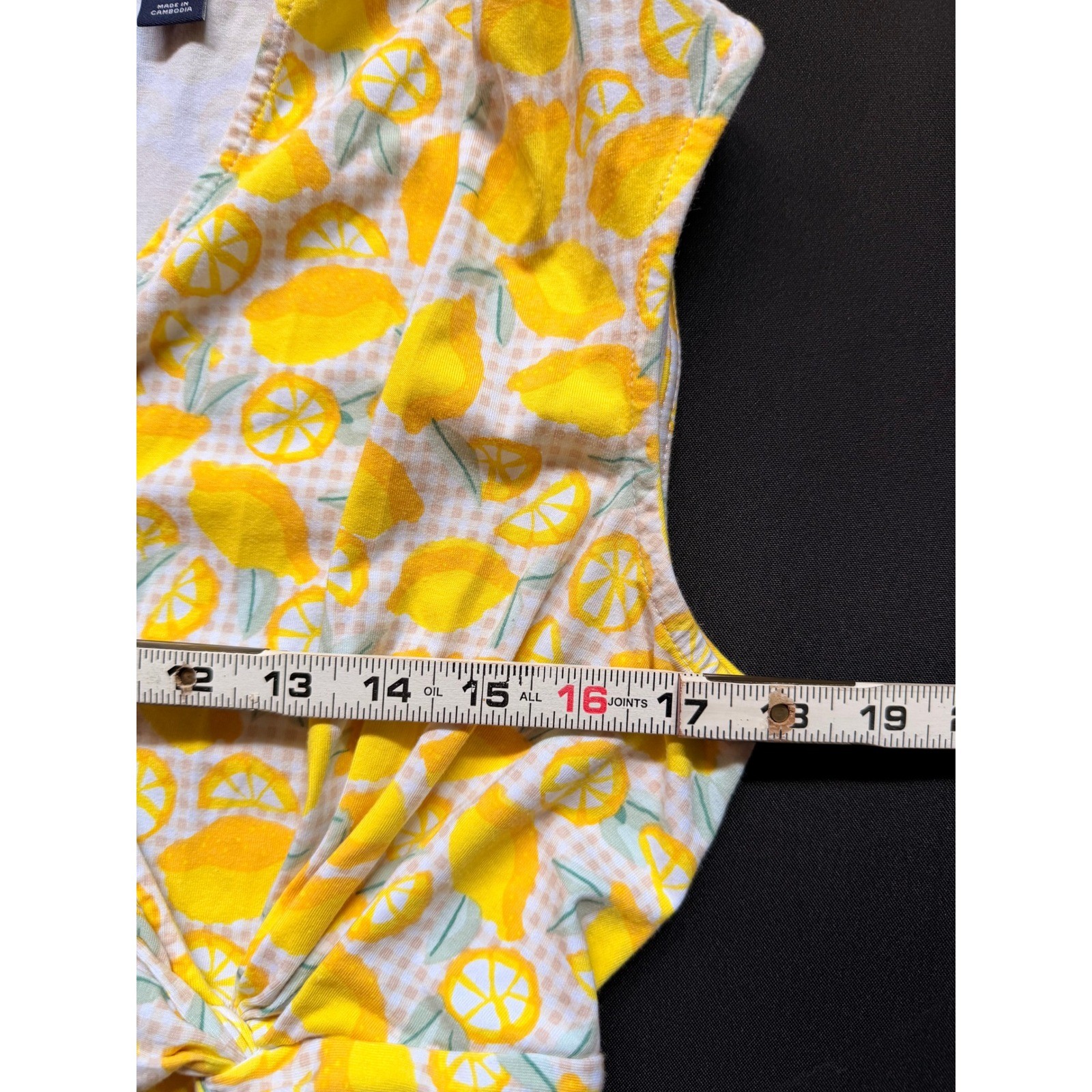 Lands End Yellow Lemon Print Faux Wrap Dress Size MP Sleeveless Gingham Tropical