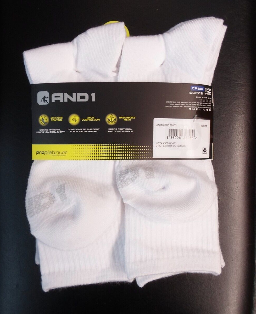LIGHTWEIGHT STYLE AND1 White 12 Pair ProPlatinum Crew Socks w Arch Compression