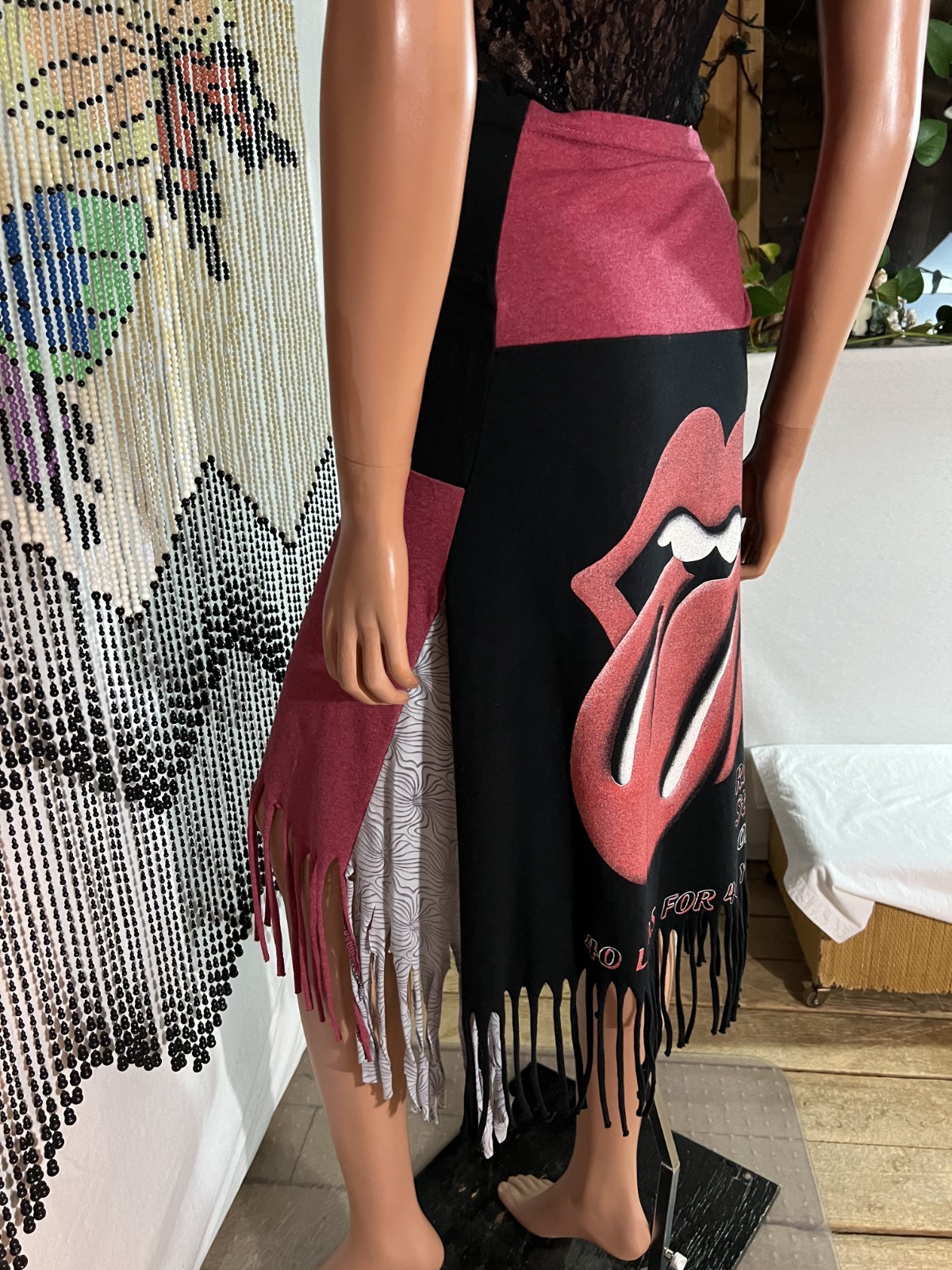 Handmade Skirt From 2003 Rolling Stone T-shirt Twist Waist Fringed Free Size REG