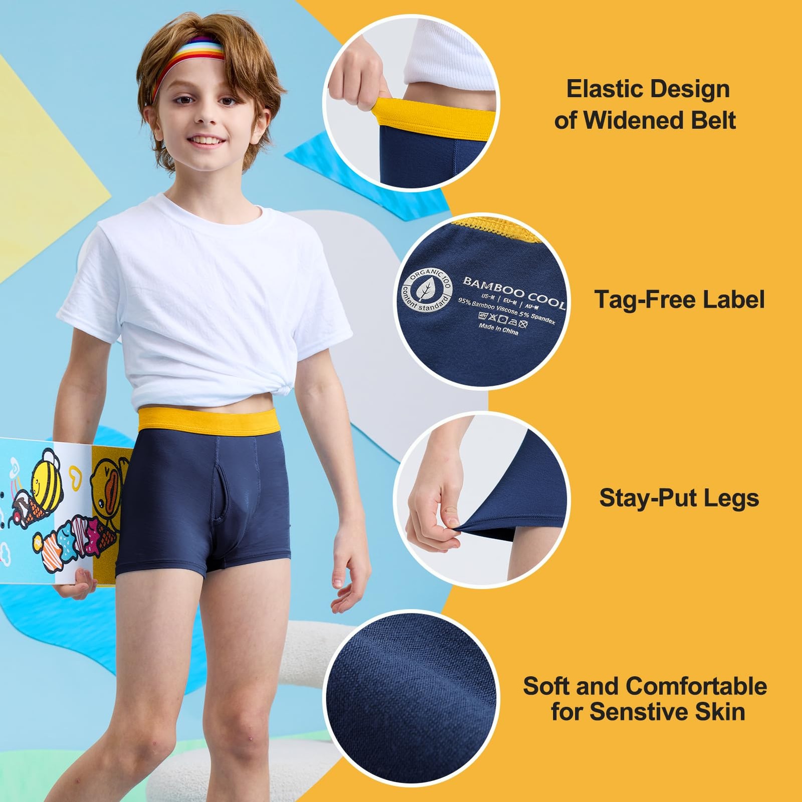 6-Pack Bamboo Cool Boys’ Boxer Briefs 12-14Y – Moisture-Wicking Lightweight