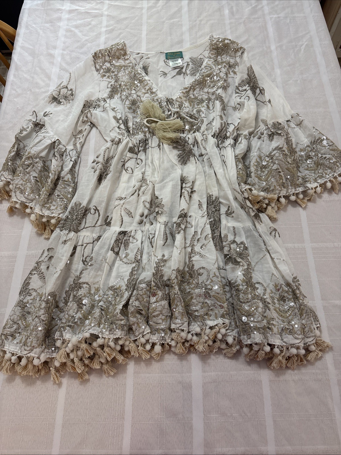 Antica Sartoria Dress White Bell Sleeve Tasseled Floral Sliver Beaded