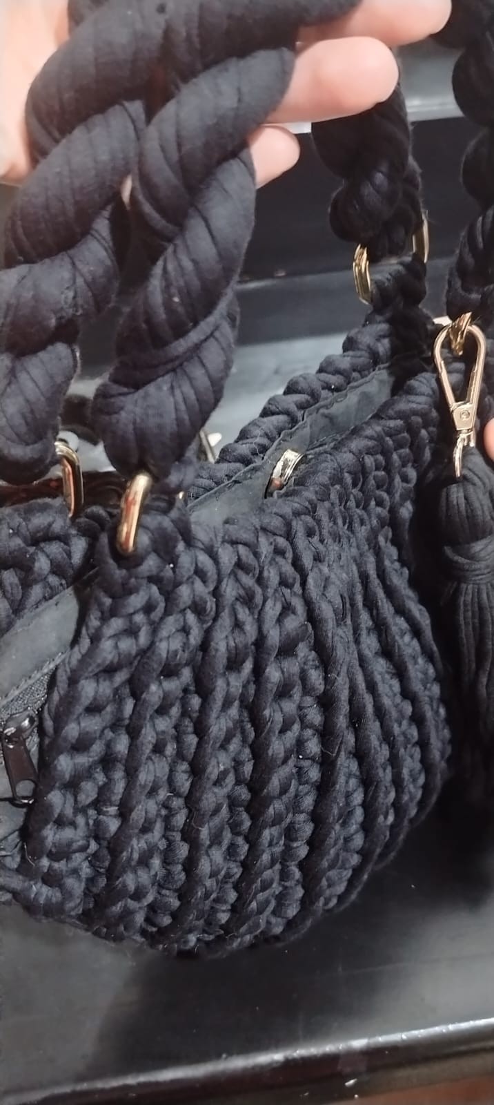 Black Handmade Crochet Purse Boho Tassel Bag Women Top Handle Knit Handbag