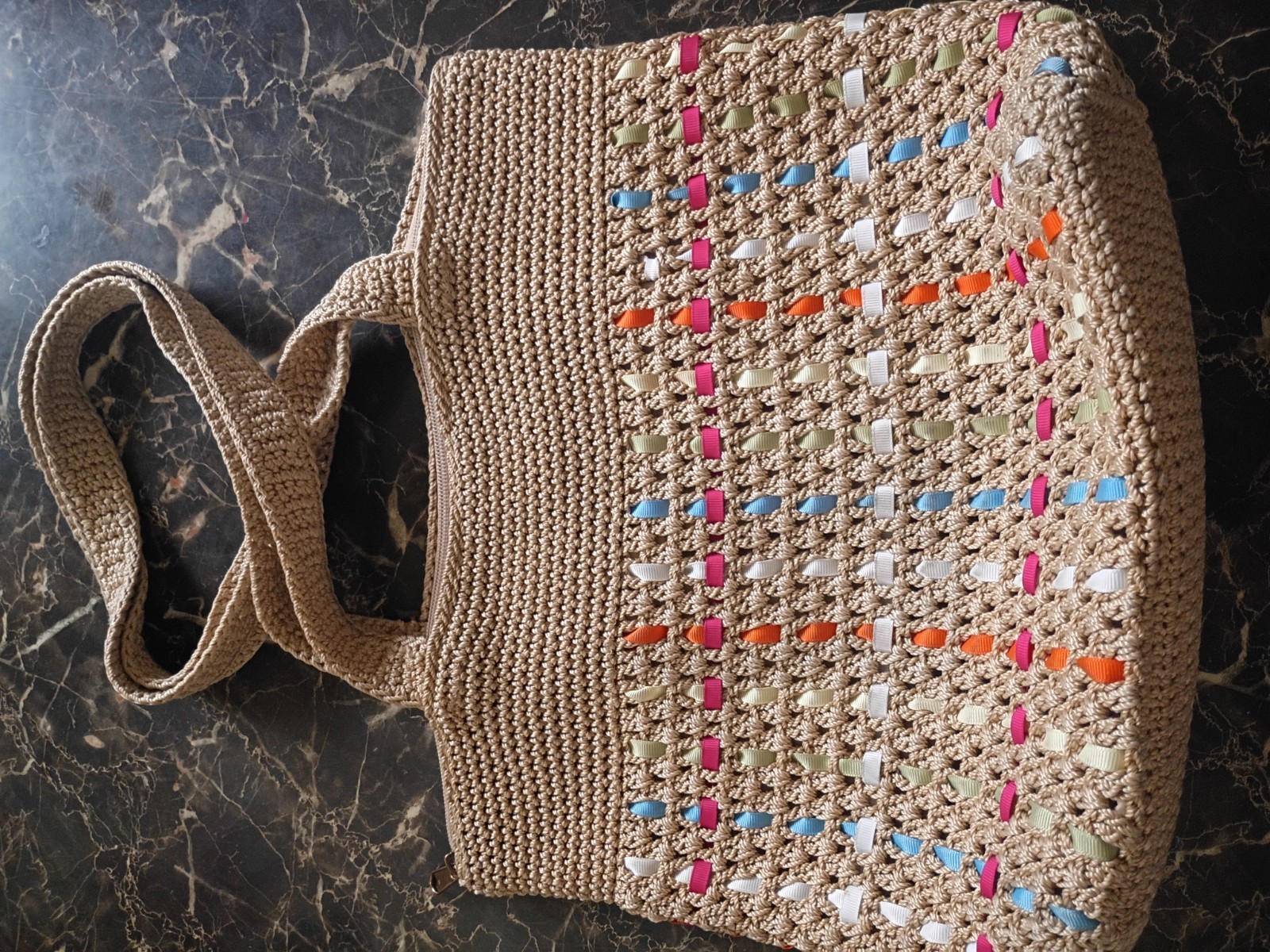 The Sak Beige & Multicolor Woven Shoulder Bag, Zip Top, Lined, Inner Pockets
