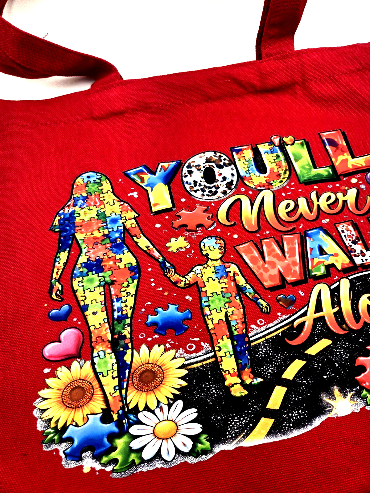 Autism Awareness Tote Bag Red 13.5×13.5in Carry Handle Graphic Canvas
