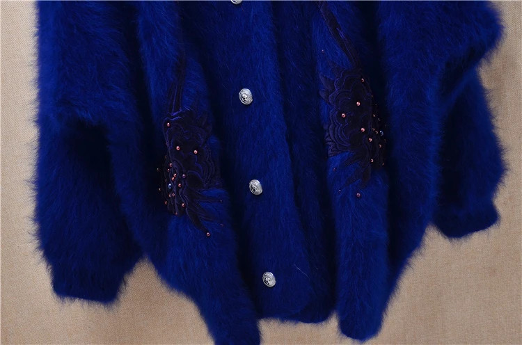 Women’s Angora Rabbit Hair Beaded Batwing Sleeves Loose Cardigans Sweater Coat