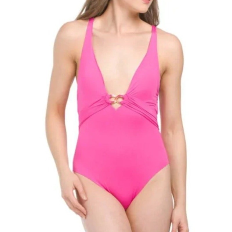 NEW Trina Turk Monaco Deep Plunge V-Neck Swimsuit One-Piece Pink Womens Size 8
