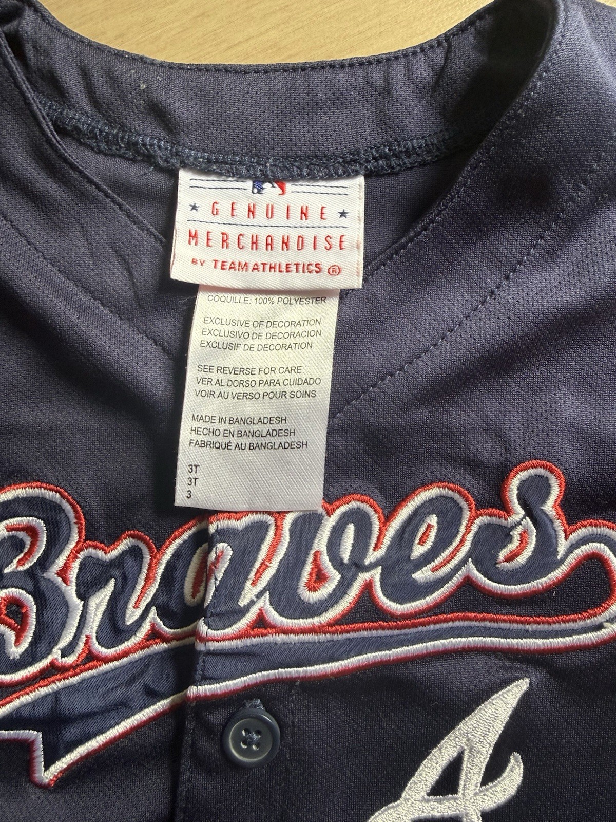 Team Athletics Atlanta Braves MLB Boys 3T Button Front Embroidered Jersey