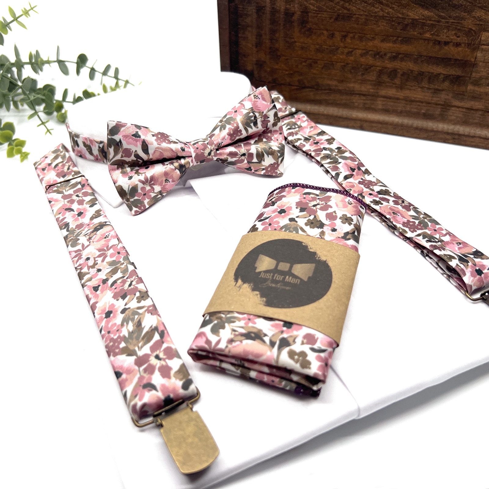 Blush Pink Floral Suspenders and Bow Tie Set With Olive Green