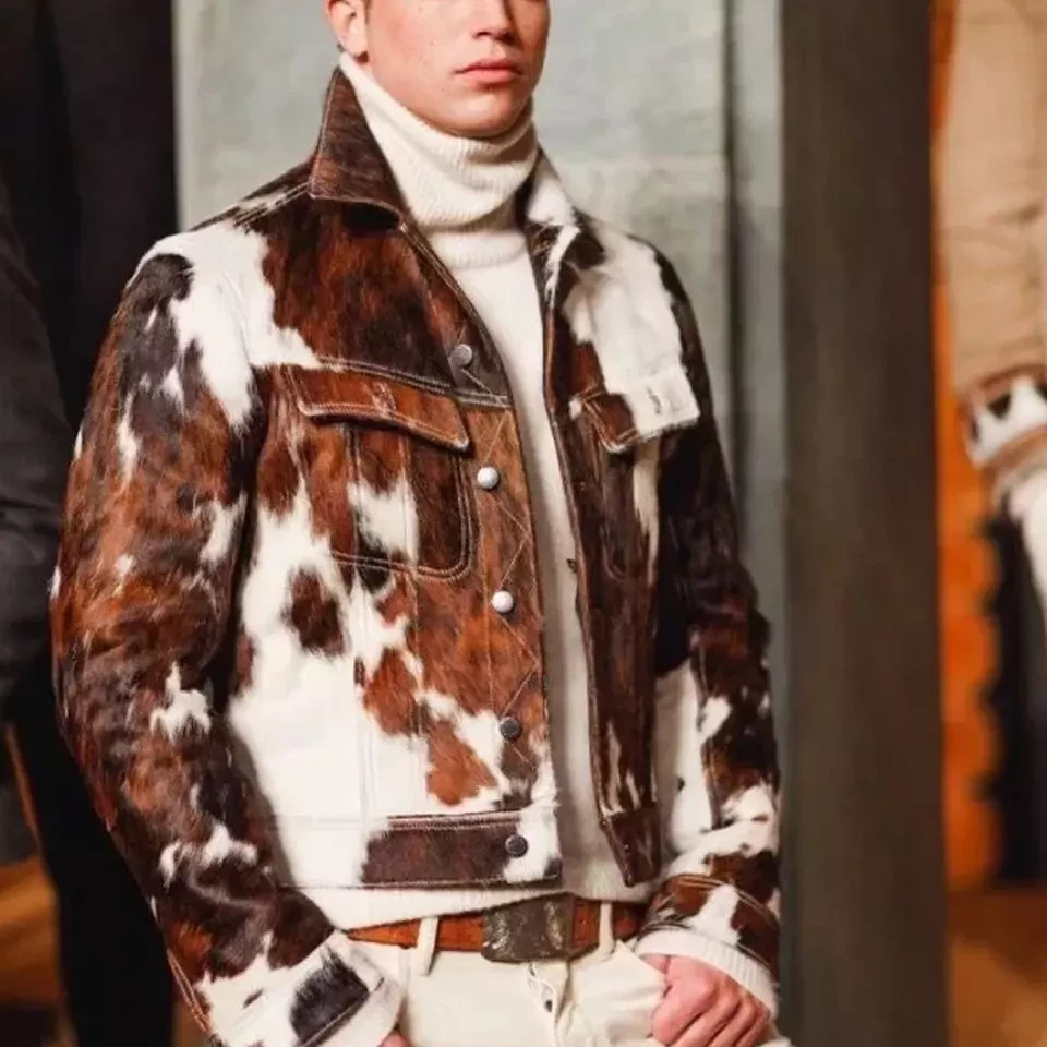 Men’s Western Cowhide Leather Jacket Real Hair-On Pony Skin Stylish Trucker Coat