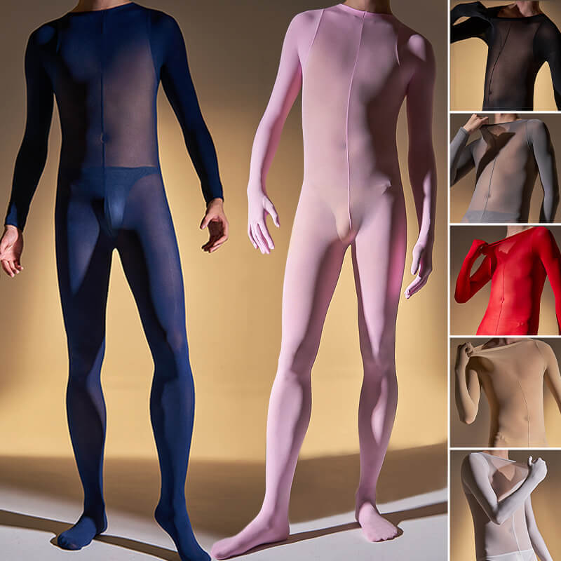 Mens Velvet Sheer Jumpsuit High Elastic Full Body Stockings Bodysuit with Gloves