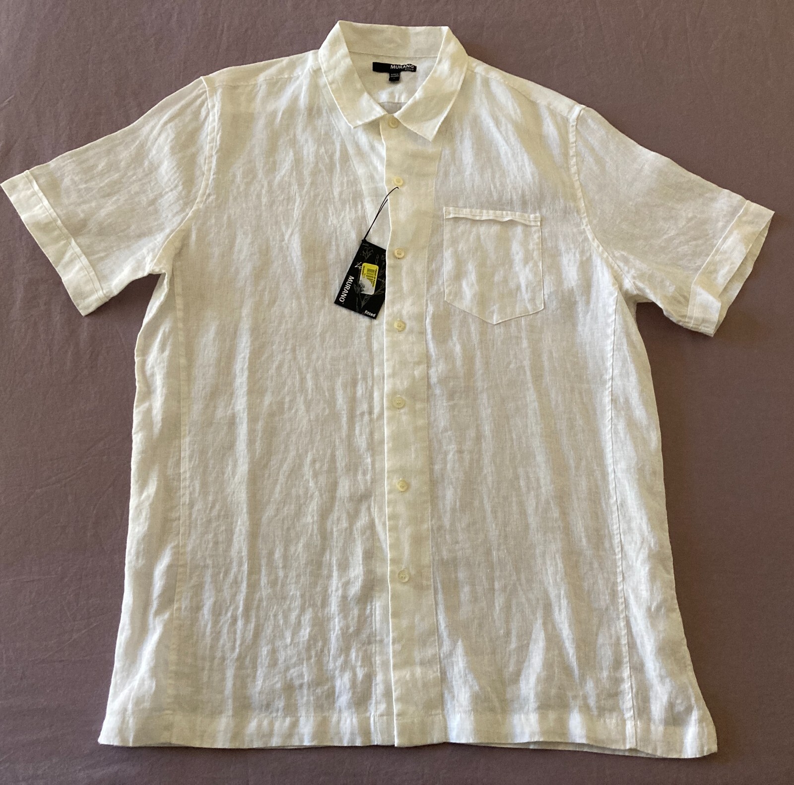 Men’s MURANO White Linen Fitted Short Sleeve Shirt Large L NEW NWT
