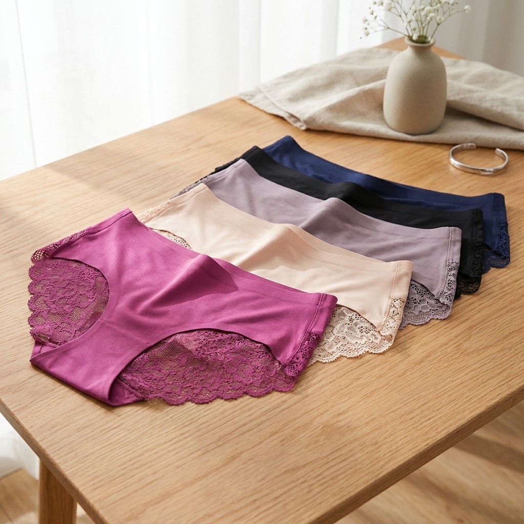 6 Pack Women’s Mid-Rise Ice Silk Briefs Lace Trim Underwear Daily Wear