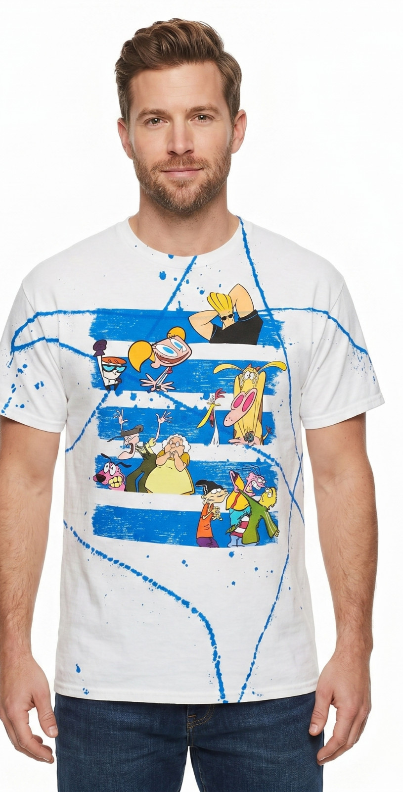 Cartoon Network Mens Johnny Bravo, Ed, Edd & Eddy White Splatter Shirt New L, XL