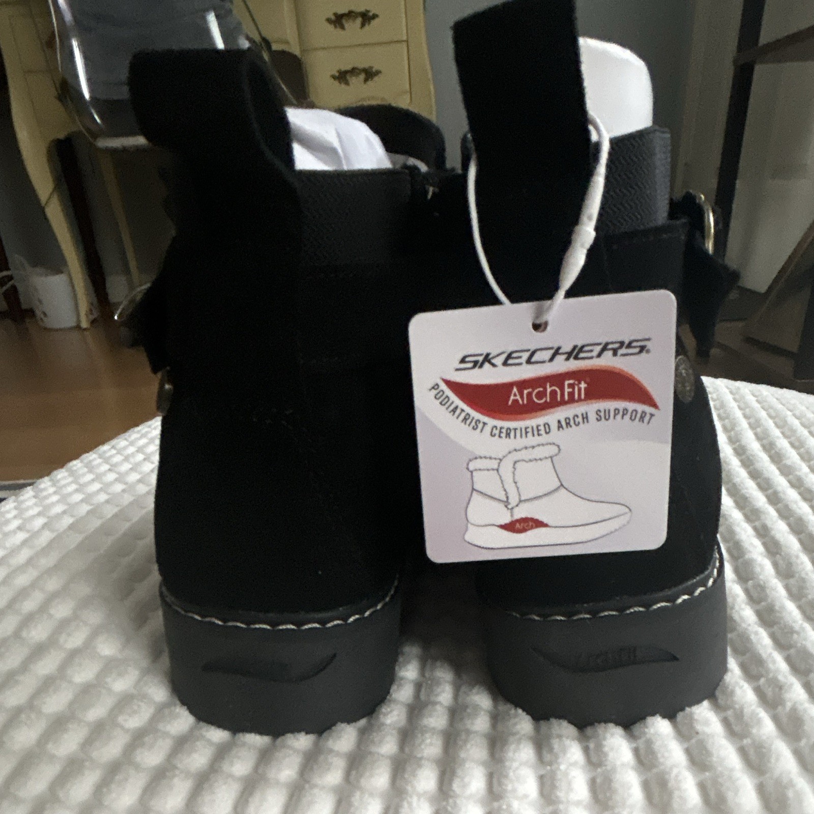 SKECHERS Arch Fit Marlie-Flirty Vibes Black Ankle Bootie Zip Buckle US 5