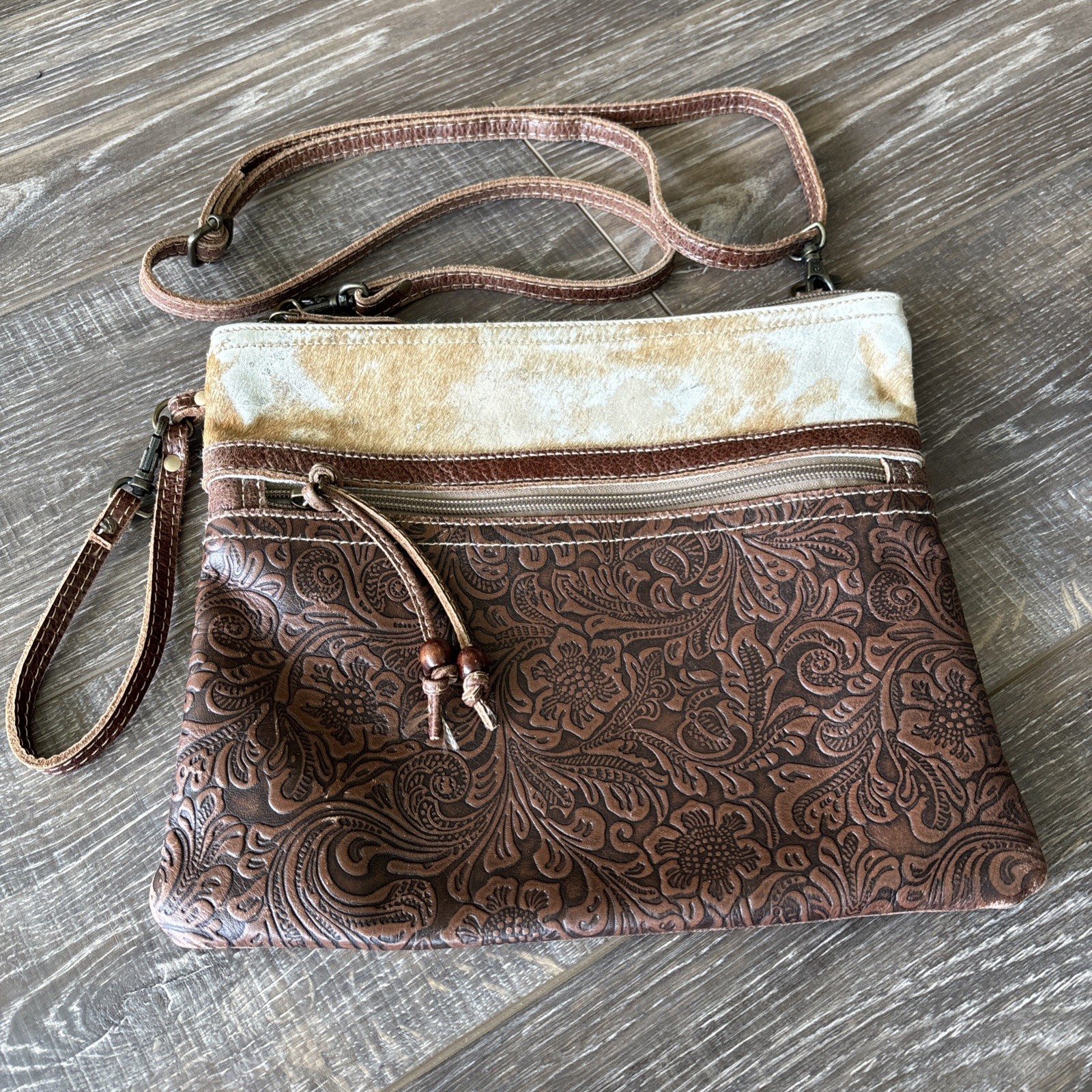 Myra Bag Women’s Small Brown Leather Crossbody, Zip, Detachable Strap