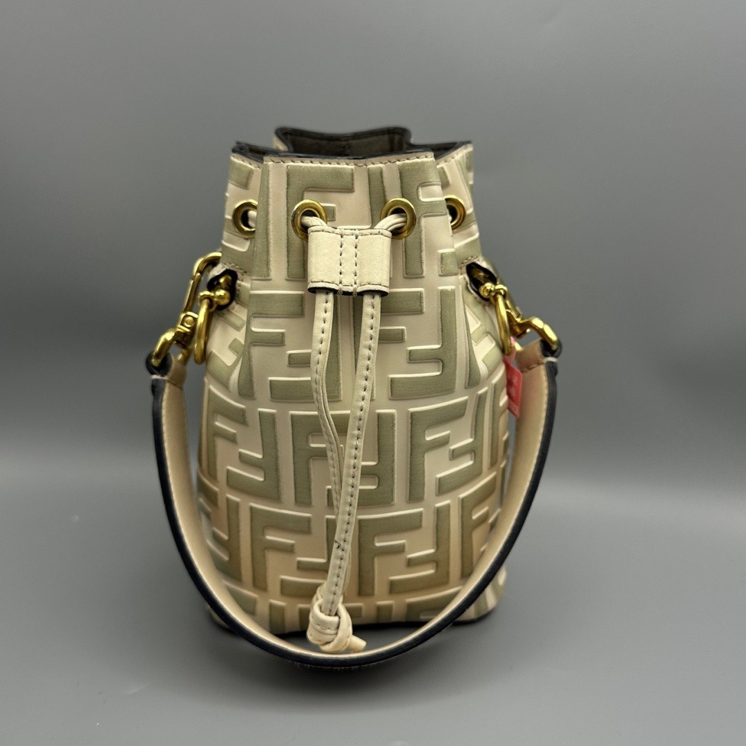 FENDI Mon Tresor Bucket Crossbody Bag FF Mini Off-white Embossed Leather Gold HW