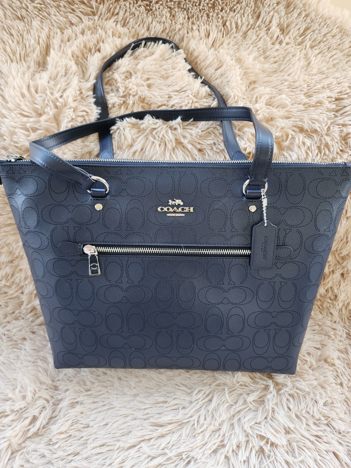 Coach Gallery Tote Shoulder Bag Signature Perforated Midnight Blue