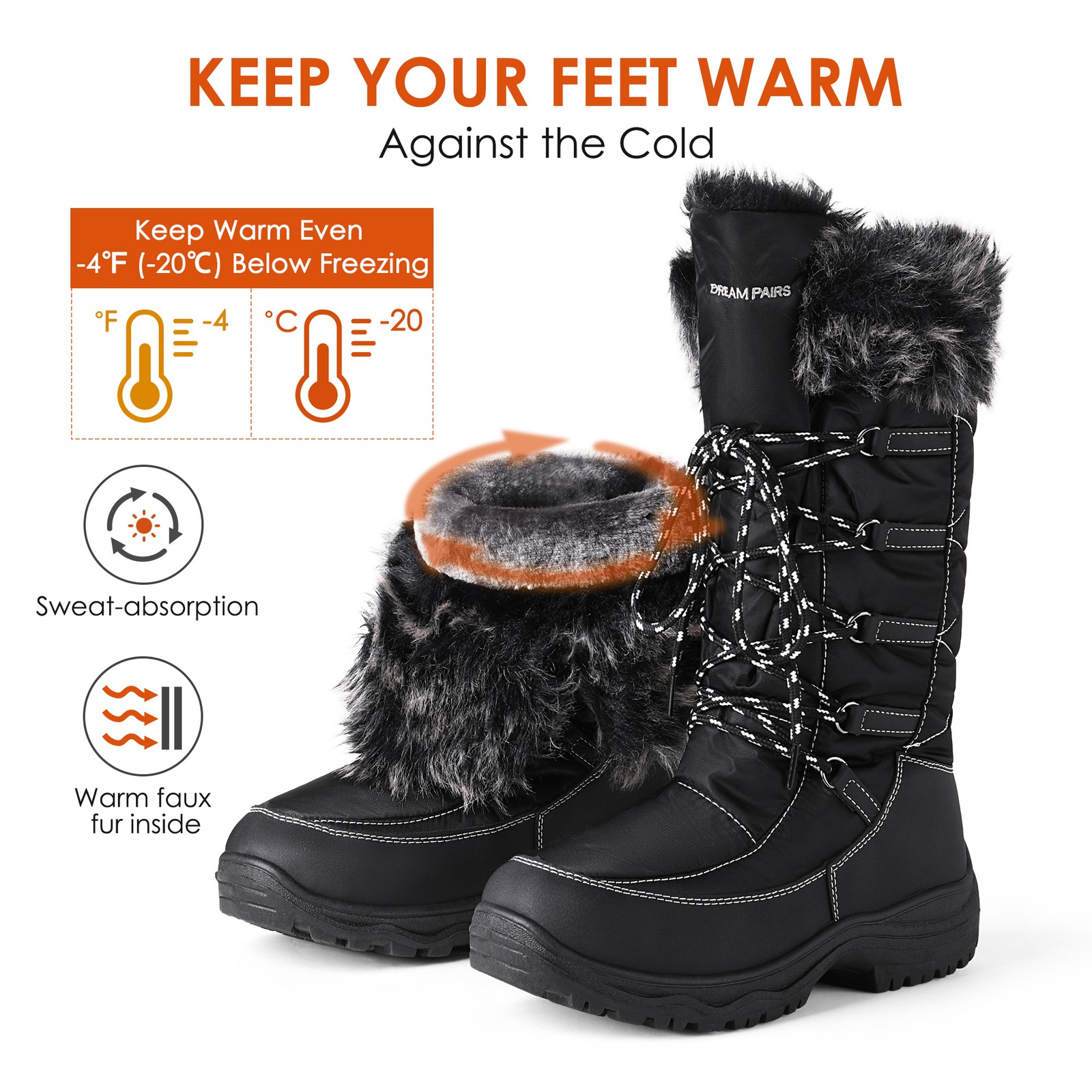 Women Faux Fur Lining Winter Waterproof Snow Boots Warm Side Zipper Snow Boots