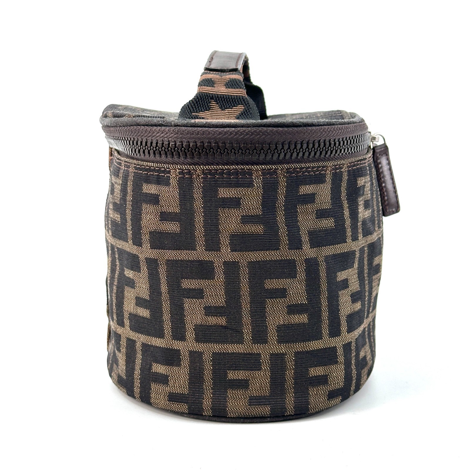 Fendi Zucca Pattern FF Vanity Bag Handbag Pouch Canvas Brown Authentic 0024